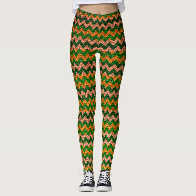 Yellow Green Chevron Modern Leather Leggings (Front)