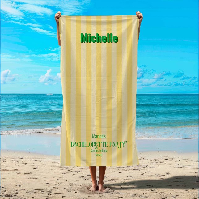 Yellow + Green Coastal Stripe Bachelorette Party Beach Towel (Yellow + Green Coastal Stripe Beach Towel)