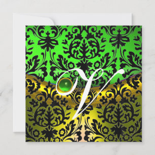 YELLOW GREEN EMERALD BLACK DAMASK MONOGRAM INVITATION