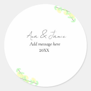 yellow green floral abstract wedding couple name d classic round sticker