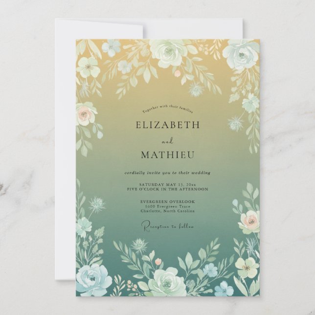 Yellow Green Floral Arch Wedding Invitation (Front)