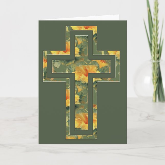 Yellow Green Floral Cross Christian Greeting Card (Front)