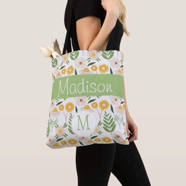 Yellow Green Floral Girly Initial Monogram Tote Bag (Close Up)
