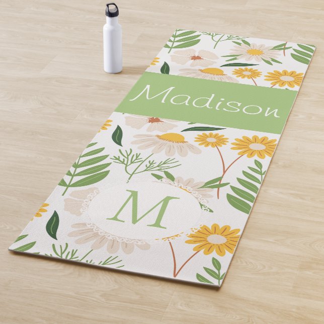Yellow Green Floral Girly Trendy Monogram Yoga Mat (In Situ)