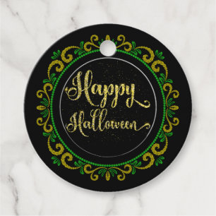 Yellow Green Gold Glitter On Black Happy Halloween Favour Tags