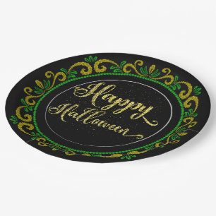 Yellow Green Gold Glitter On Black Happy Halloween Paper Plate