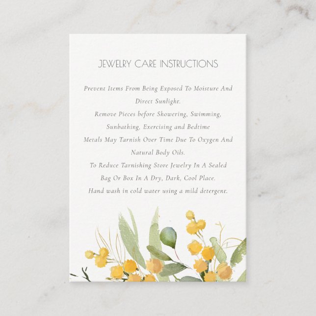 Yellow Green Gold Wattle Foliage Jewellery Care  Business Card (Front)