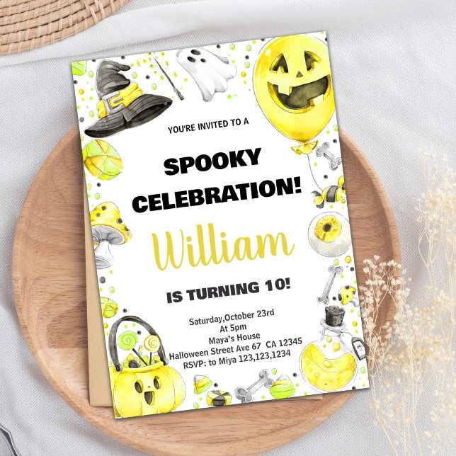 Yellow Green Halloween Birthday Invitations (Yellow Green Halloween Birthday Invitations)
