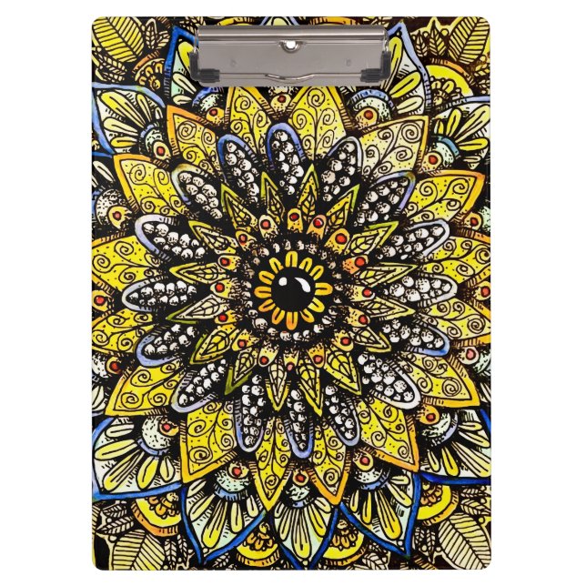 Yellow Green Hand Drawn Mandala Design Clipboard (Front)