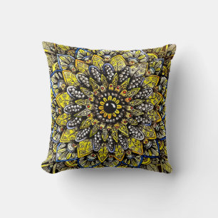 Yellow Green Hand Drawn Mandala Design Cushion