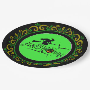 Yellow Green Happy Halloween Witch And Bats Paper Plate
