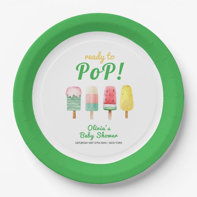 Yellow Green Ice Cream Ready To Pop Baby Shower  Paper Plate (Front)