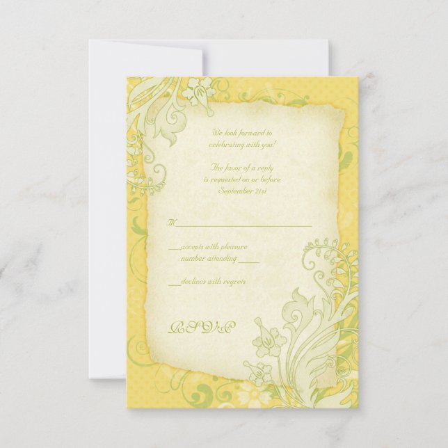 Yellow, Green, Ivory Floral Wedding Reply Card (Front)
