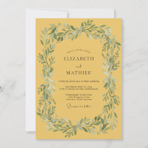 Yellow Green Leafy Border Wedding Invitation