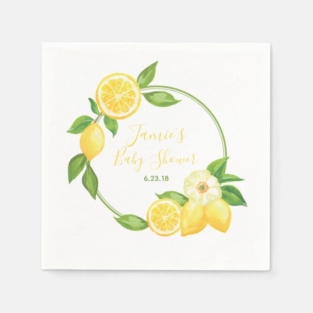Yellow Green Lemon Citrus Floral Baby Shower Party Napkin (Front)