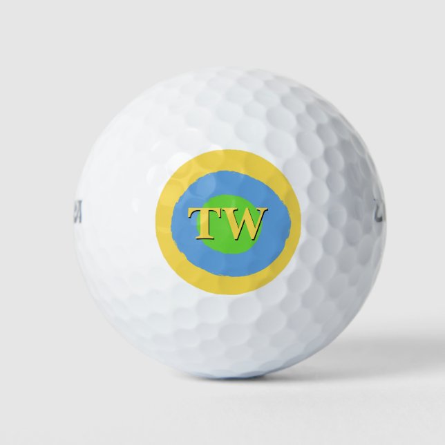Yellow Green Light Blue Monogram Custom Text Golf Balls (Front)