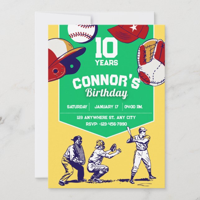 Yellow & Green llustrated baseball birthday party Invitation (Front)