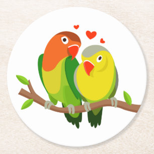 Yellow & Green Lovebirds Wedding Bridal Shower Round Paper Coaster