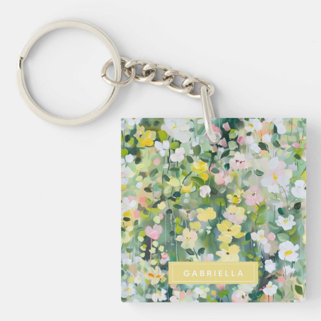 Yellow Green Meadow Flowers Personalised Name Key Ring (Front)