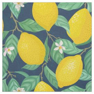 Yellow Green Navy Blue Lemon Pattern Fabric
