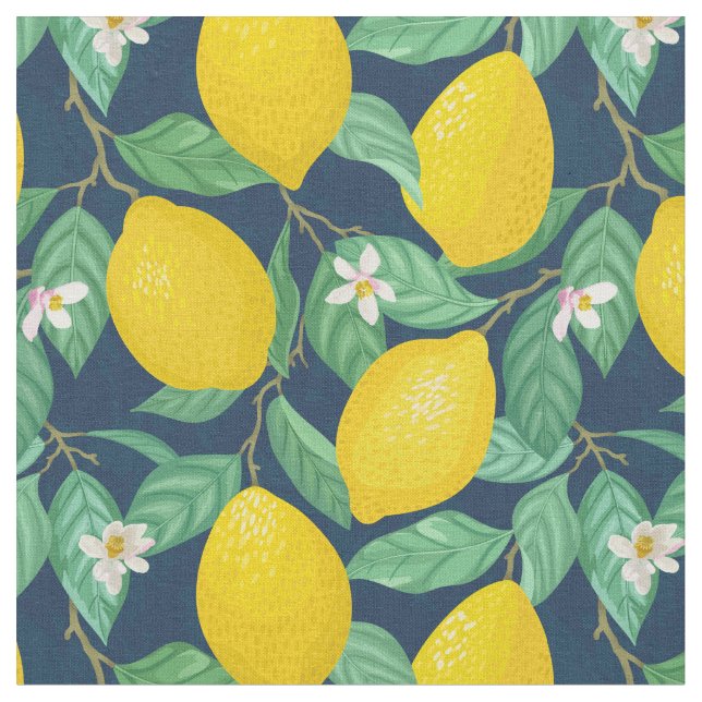 Yellow Green Navy Blue Lemon Pattern Fabric (Close Up)
