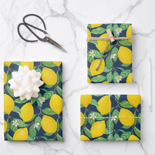 Yellow Green Navy Blue Lemon Pattern  Wrapping Paper Sheet (Front)