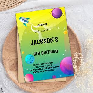 Yellow & Green Outer Space Birthday Invitation