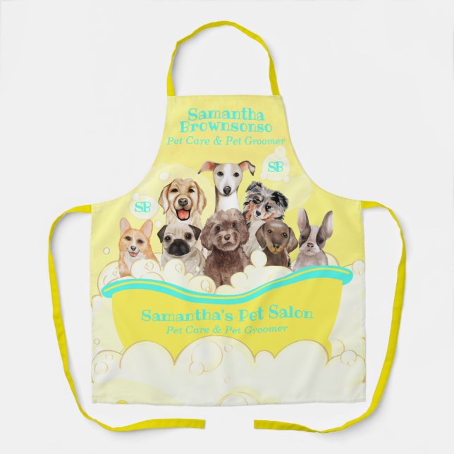 Yellow Green Pet Grooming Bubbles Dogs Bathing Spa Apron (Front)