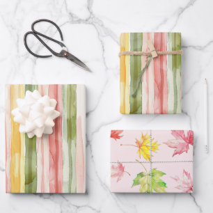 Yellow Green Pink Orange Stripes Leaves Birthday Wrapping Paper Sheet