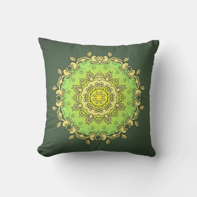Yellow Green Psychedelic Mandala Cushion (Front)