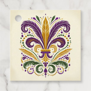 Yellow, green purple fleur de lis feathers favour tags