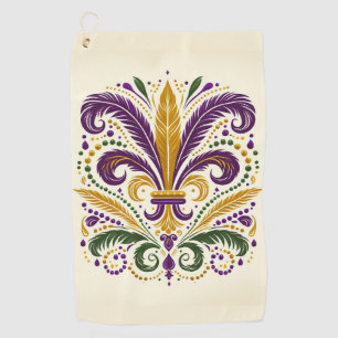 Yellow, green purple fleur de lis feathers golf towel