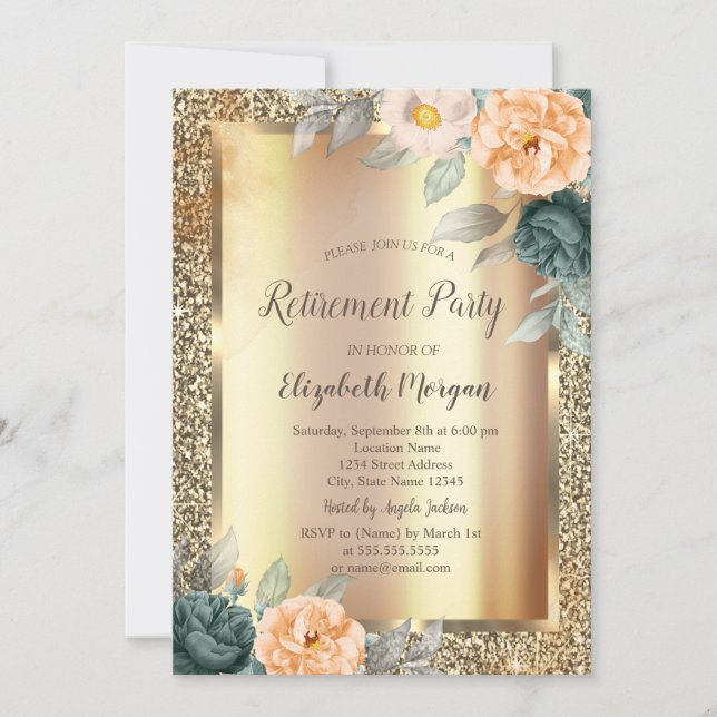Yellow Green Roses Gold Glitter Retirement Invitation (Front)
