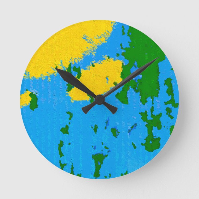Yellow Green Sky Blue Peeling Paint Round Clock (Front)