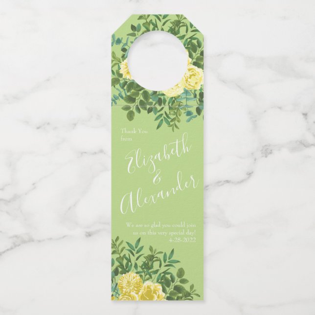Yellow & Green Spring Rose Vintage Wedding Bottle Tag (Front)