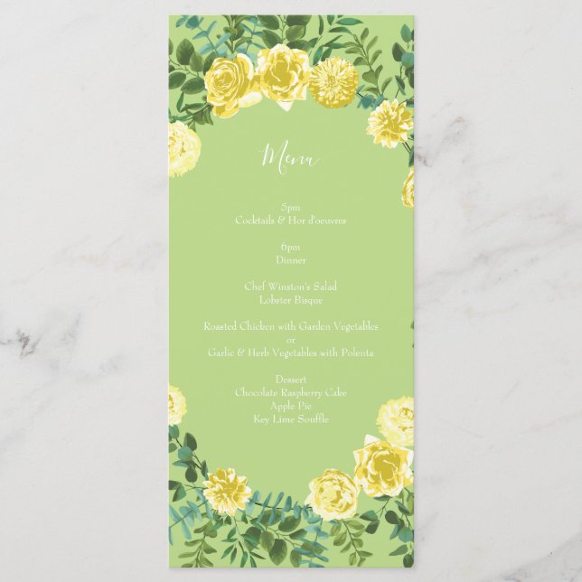 Yellow & Green Spring Rose Vintage Wedding Menu (Front)