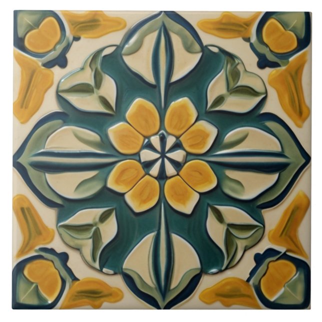 Yellow & Green Symmetrical Abstract Mediterranean Tile (Front)