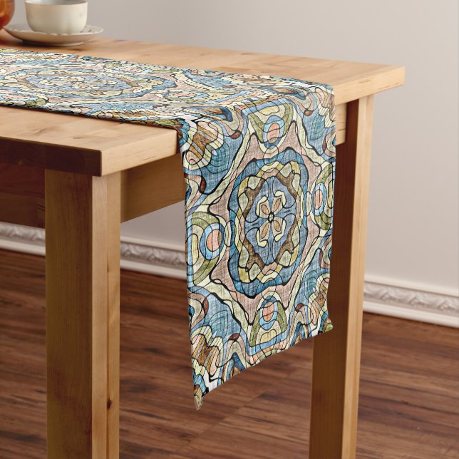 Yellow Green Teal Blue Orange Hip Bohemian Art Medium Table Runner (In Situ)