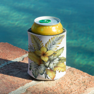 YELLOW & GREEN TROPICAL HIBISCUS FLOWERS & LEAVES CAN COOLER