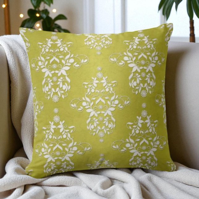 Yellow Green Victorian Retro Floral Damask Cushion (Creator Uploaded)