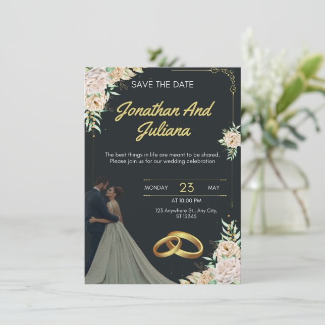 Yellow & Green Vintage Wedding Invitation (Standing Front)