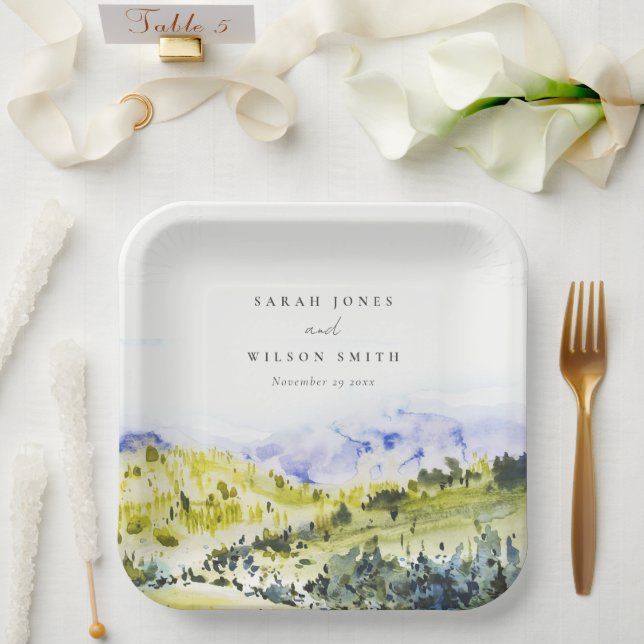 Yellow Green Watercolor Countryside Hills Weddin Paper Plate (Wedding)