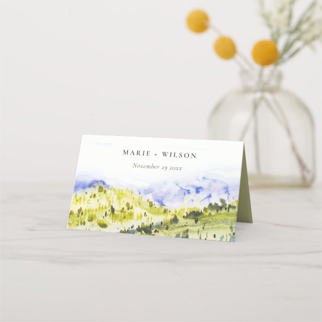 Yellow Green Watercolor Countryside Hills Wedding Place Card (Front)