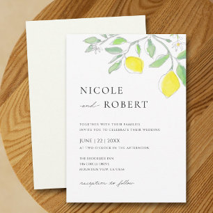 Yellow Green Watercolor Lemons and Leaves Wedding  Invitation