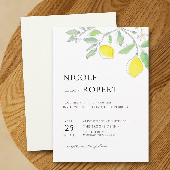 Yellow Green Watercolor Lemons and Leaves Wedding  Invitation (Creator Uploaded)