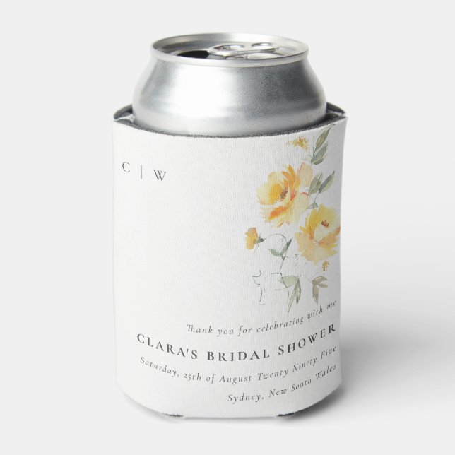 Yellow Green Watercolor Rose Flower Bridal Shower Can Cooler (Can Front)