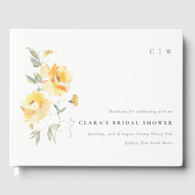 Yellow Green Watercolor Rose Flower Bridal Shower Guest Book (Front)