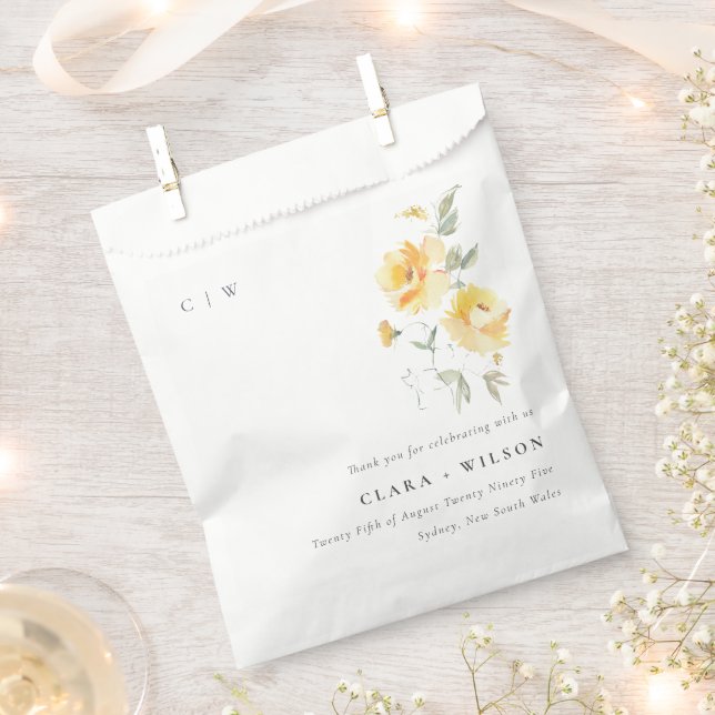 Yellow Green Watercolor Rose Flower Bunch Wedding Favour Bags (Clipped)