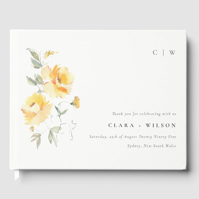 Yellow Green Watercolor Rose Flower Bunch Wedding Guest Book (Front)