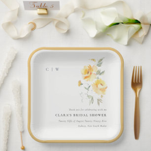 Yellow Green Watercolor Rose Flower Bunch Wedding Paper Plate